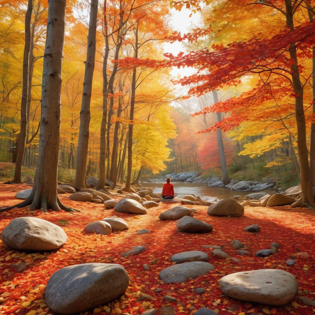 A serene autumn landscape with colorful foliage in vibrant reds, oranges, and yellows, showcasing people engaging in outdoor activities like hiking and yoga in nature. A soft light filtering through the trees, with fallen leaves scattered on the ground, creating a warm and inviting atmosphere. Incorporate elements of mindfulness, such as meditation stones or a picnic setup. super-realistic. vibrant colors. 3D.