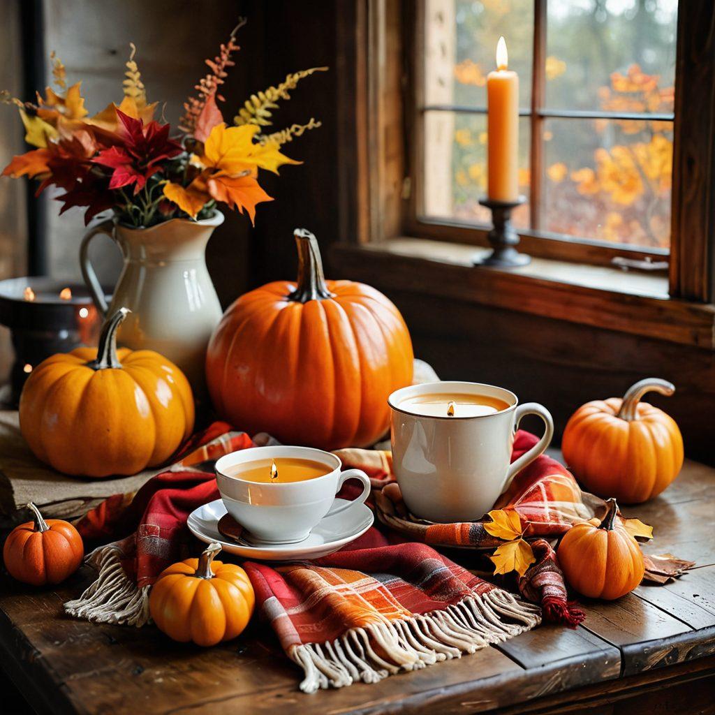 A cozy autumn landscape featuring a colorful array of fall leaves in vibrant oranges, reds, and yellows. Include a warm, inviting scene with a steaming cup of spiced cider set on a rustic wooden table, surrounded by pumpkins and flickering candles. Capture the essence of seasonal fashion with a stylish scarf draped nearby. The atmosphere should evoke warmth and comfort. painting. rich textures. warm tones.
